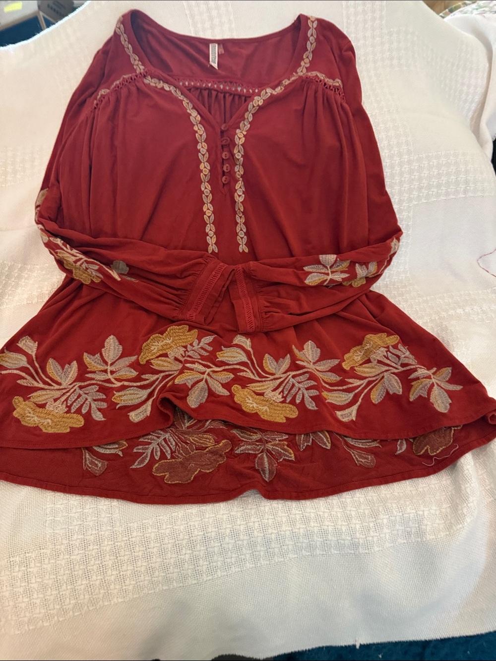Monoreno Rust Red Embroidered Boho Top